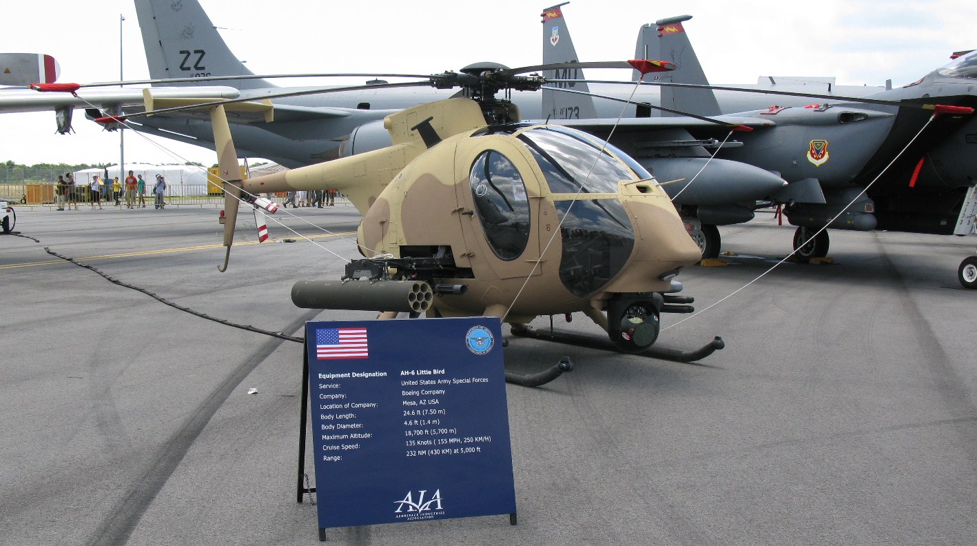boeing ah 6 - 0172 Equipment Designation Service Company Location of Company Body Length Body Diameter Maximum Altitude Cruise Speed Range Ah6 Little Bird United States Army Special Forces Boeing Company Mesa, Az Usa 24.6 ft 7.50 m 4.6 ft 1.4 m 18,700 ft 