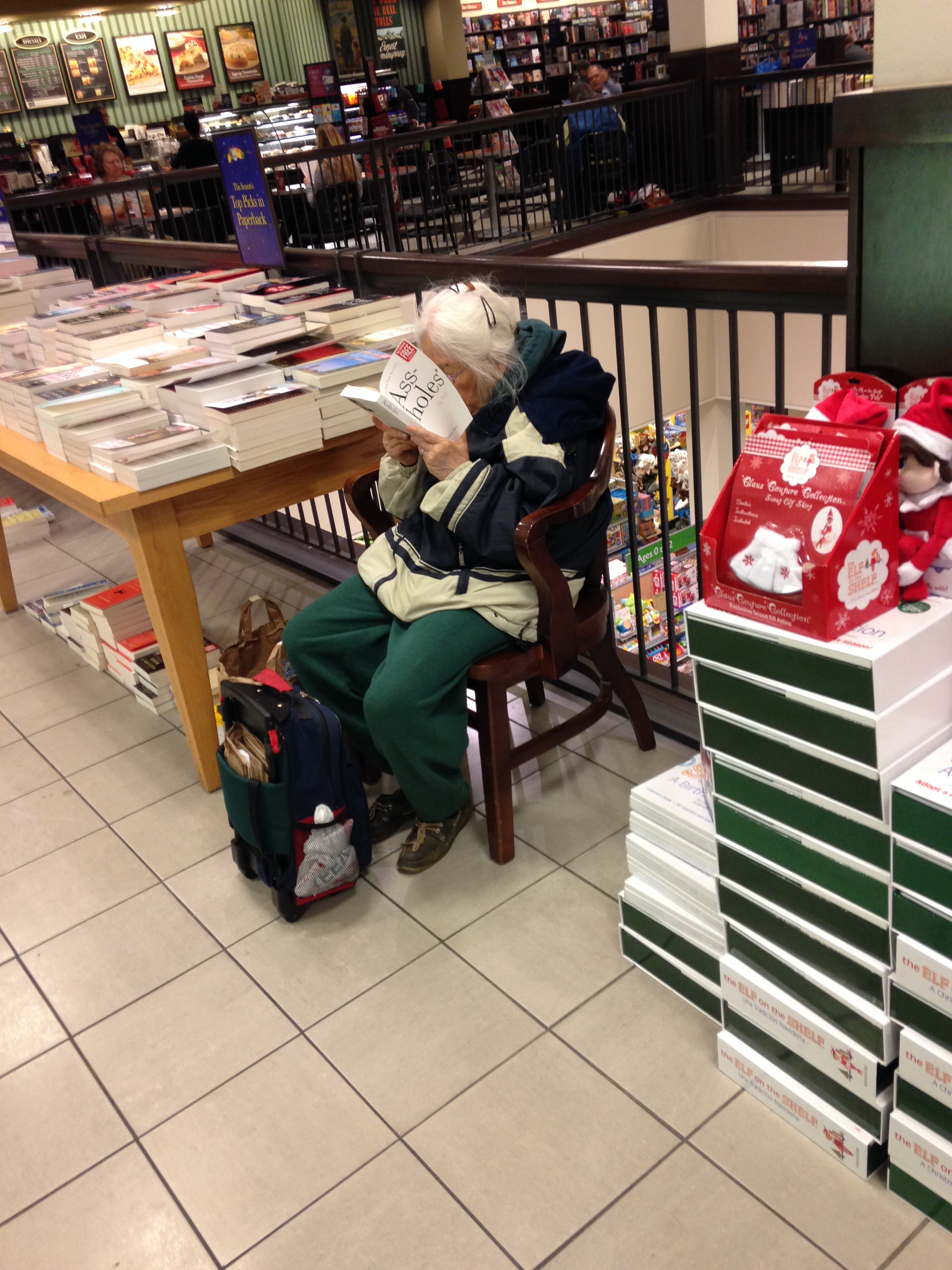 I saw this really old lady reading a book titled "Assholes" at the bookstore.