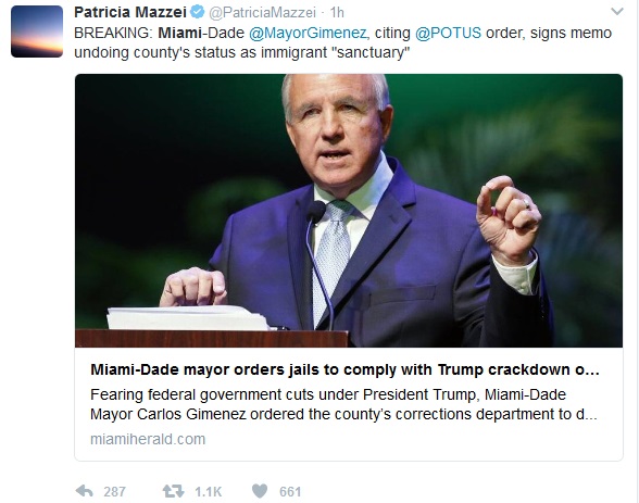 The Miami Mayor bows down to Trump.  Carlos "Jiz Face" Gimenez just rescinded Miami's sanctuary city status.  Guess what America-hating leftist?  There is MORETrump to follow. Much more....