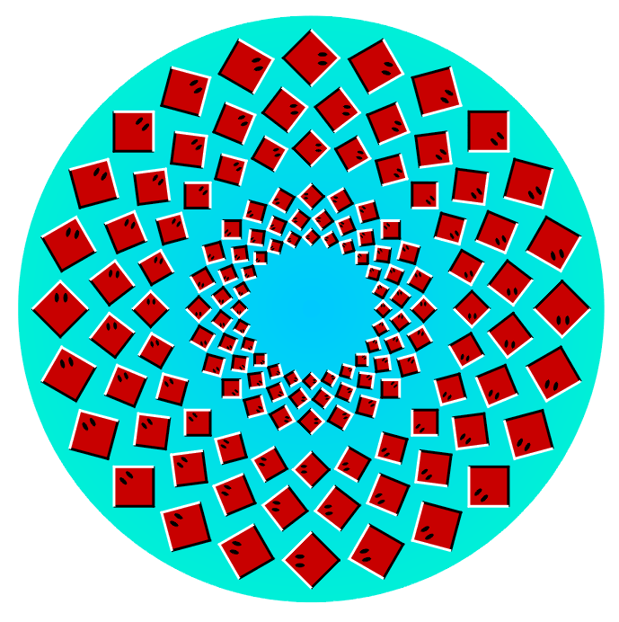 The outer ring of rays appears to rotate clockwise while the inner one counterclockwise.