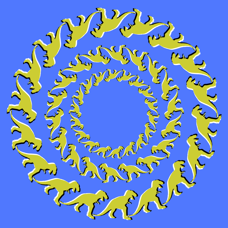 Rings of tyrannosaurs appear to rotate.