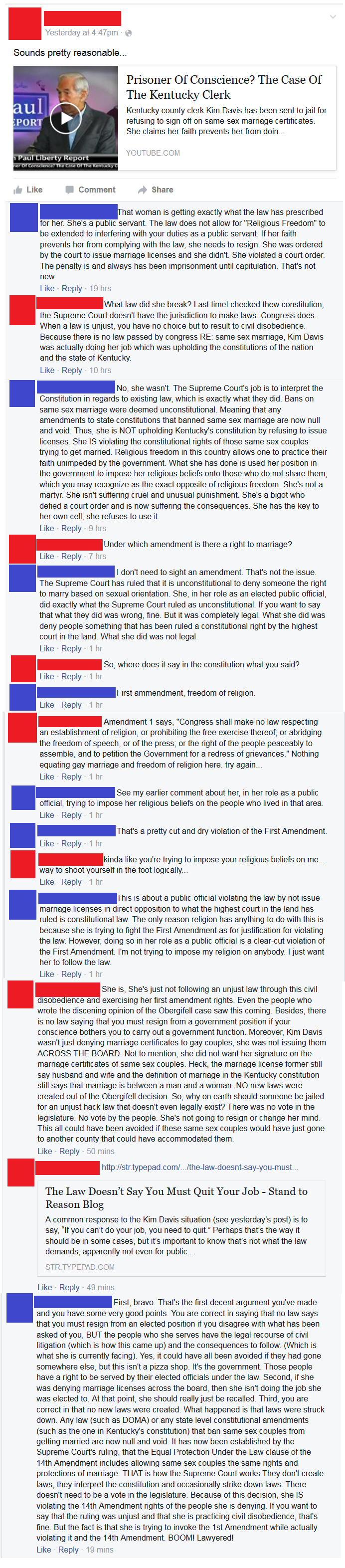 Bigot on Facebook trying to defend that sister wife reject, Kim Davis.
