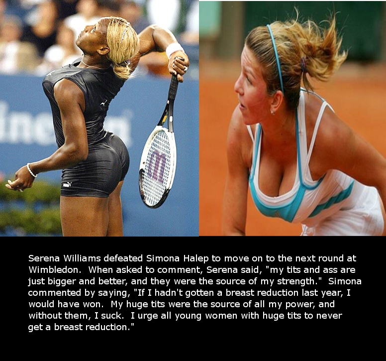 Serena Williams defeats formerly busty Simona Halep.