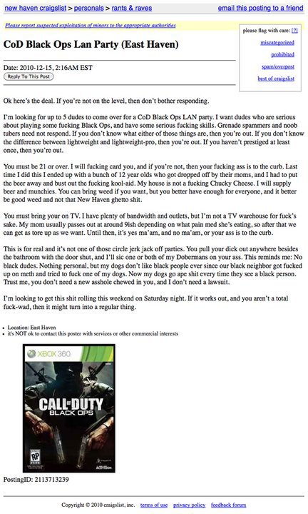 funny craigs list ad for some guy lookin for a LAN party