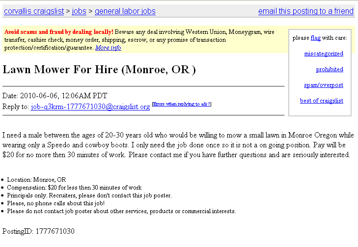 Another great craigslist ad...