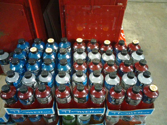 Powerade drinks arranged in a cool flag pattern