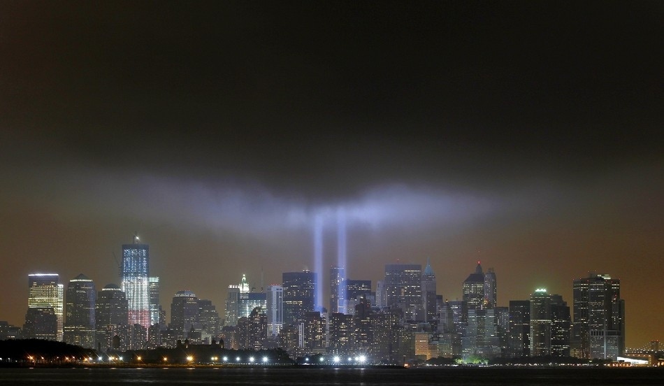 Two lights from the former site of the World Trade Centers shine for the 10th anniversary of 9/11.
