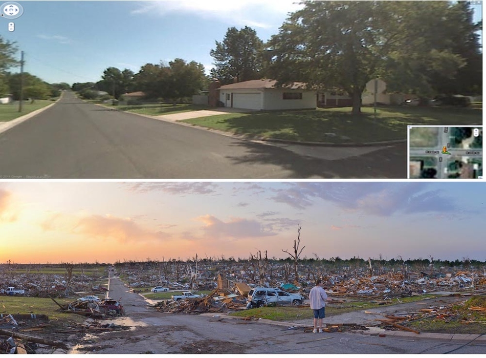 A before and after shot of Joplin, Missouri after a massive tornado on May 22.
