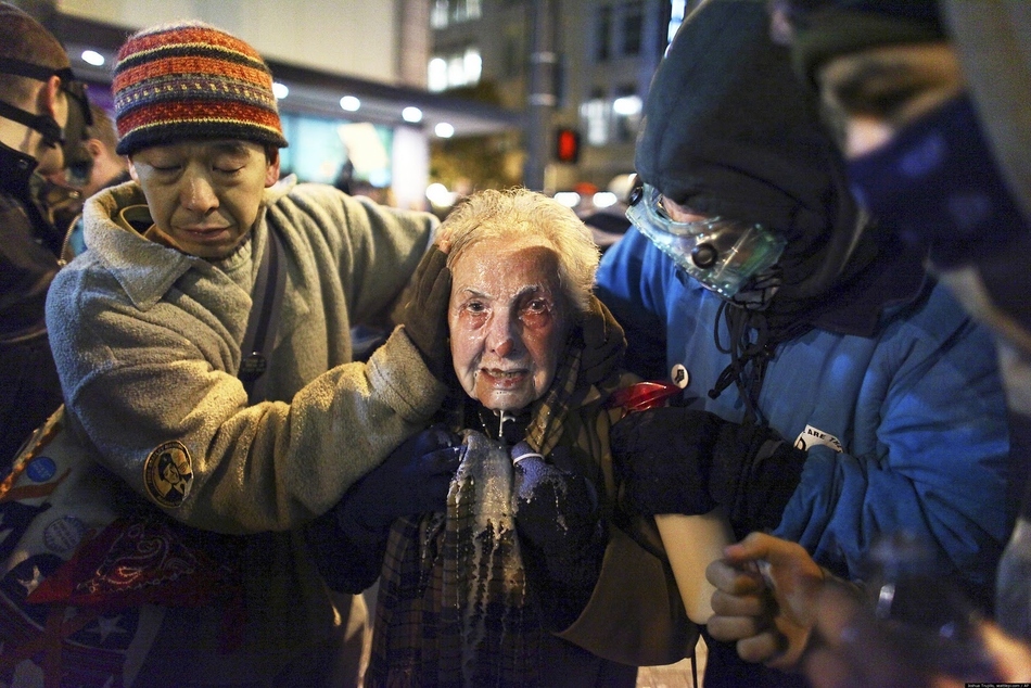 84-year-old Dorli Rainey was pepper sprayed during a protest march in Seattle, Washington.