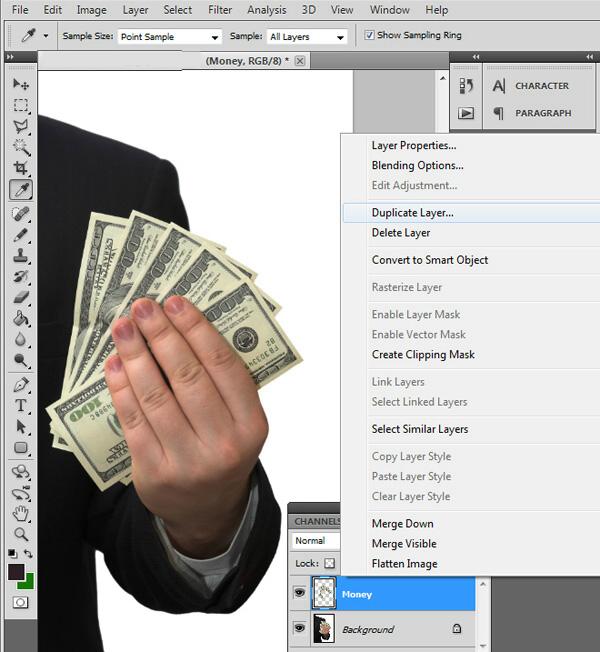 money can buy anything - File Edit Image Layer Select Filter Analysis 3D View Window Help Show Sampling Ring Sample Size Point Sample Sample All Layers Money, Rgb8 X Al Character 1 Paragraph Layer Properties... Blending Options... Edit Adjustment... G Sta