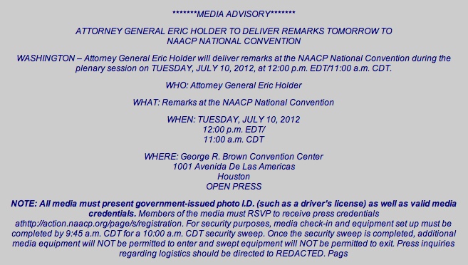 Here is the notice given to attendees at the recent NAACP event where Eric Holder told the audience that Requiring photo ID was racist. Notice the requirement of a photo ID to enter the event.