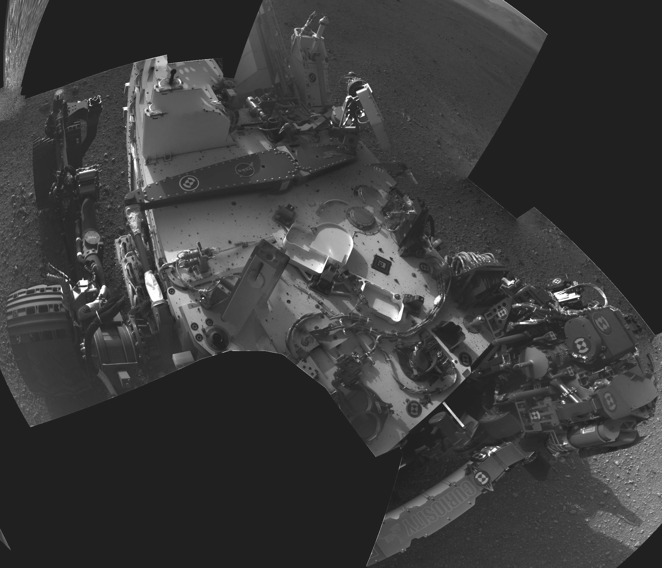 Mars Rover Curiosity's Self Portrait made of multiple pictures laced together.