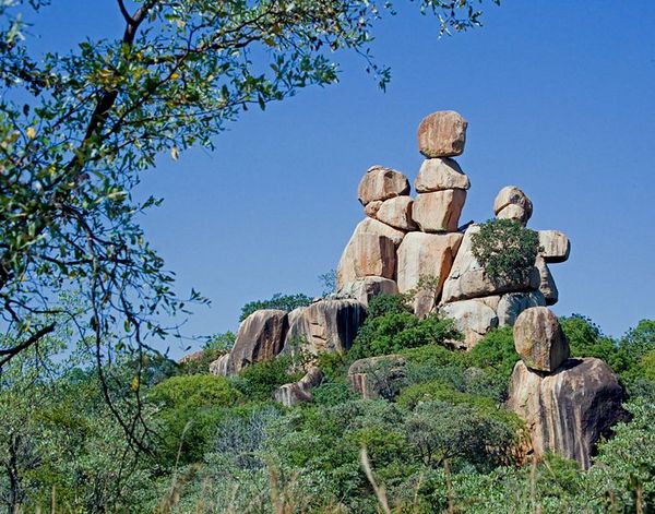 Zimbabwe's Matobo Hills are composed entirely of granite, which weathers into fantastic shapes, such as these balancing rocks known as Mother and Child Kopje.