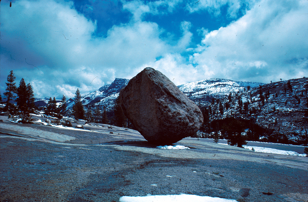 This glacial erratic in California's Yosemite National Park was transported by a glacier and left precariously balanced near Olmstead Point as the ice melted.