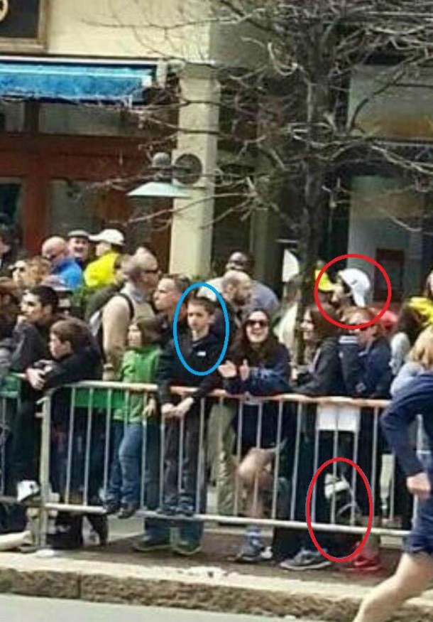 Picture taken just moments before the Boston marathon bombing shows innocent young boy, his killer, and the bomb he used.