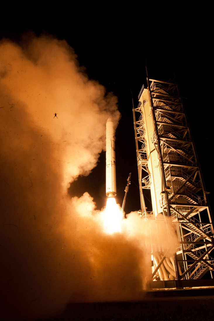A still camera on a sound trigger captured this intriguing photo of an airborne frog as NASA's LADEE spacecraft lifts off from Pad 0B at Wallops Flight Facility in Virginia.