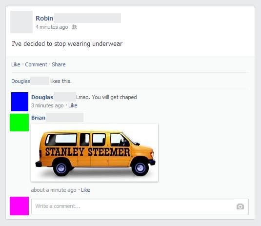 Girl leaves a comment about not wearing underwear. Guy responds by keeping it real.