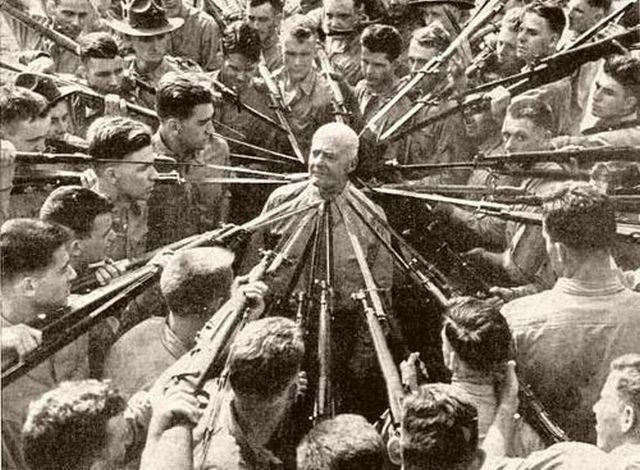 Col. Anthony Joseph Drexel Biddle, hand-to-hand combat expert, 1943. Known for ordering trainee Marines to attempt to kill him with bayonets, and disarming them all.