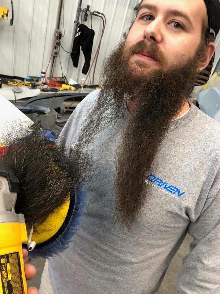 Dude gets beard ripped off by power tool.