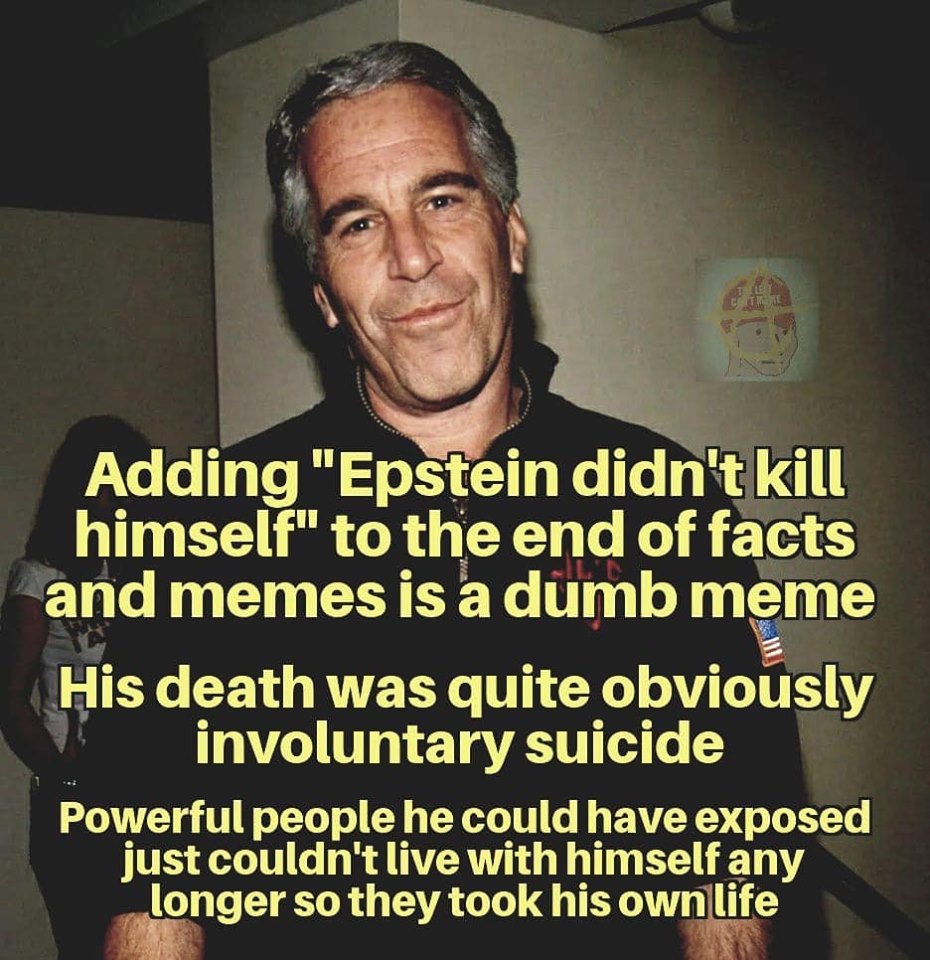 photo caption - Adding "Epstein didn't kill himself" to the end of facts and memes is a dumb meme His death was quite obviously involuntary suicide Powerful people he could have exposed just couldn't live with himself any longer so they took his own life