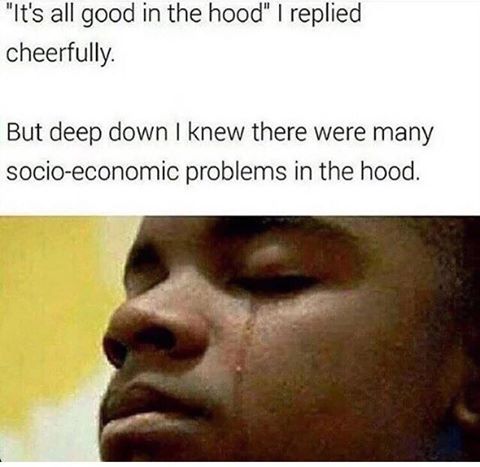 its all good in the hood meme - "It's all good in the hood" I replied cheerfully But deep down I knew there were many socioeconomic problems in the hood.