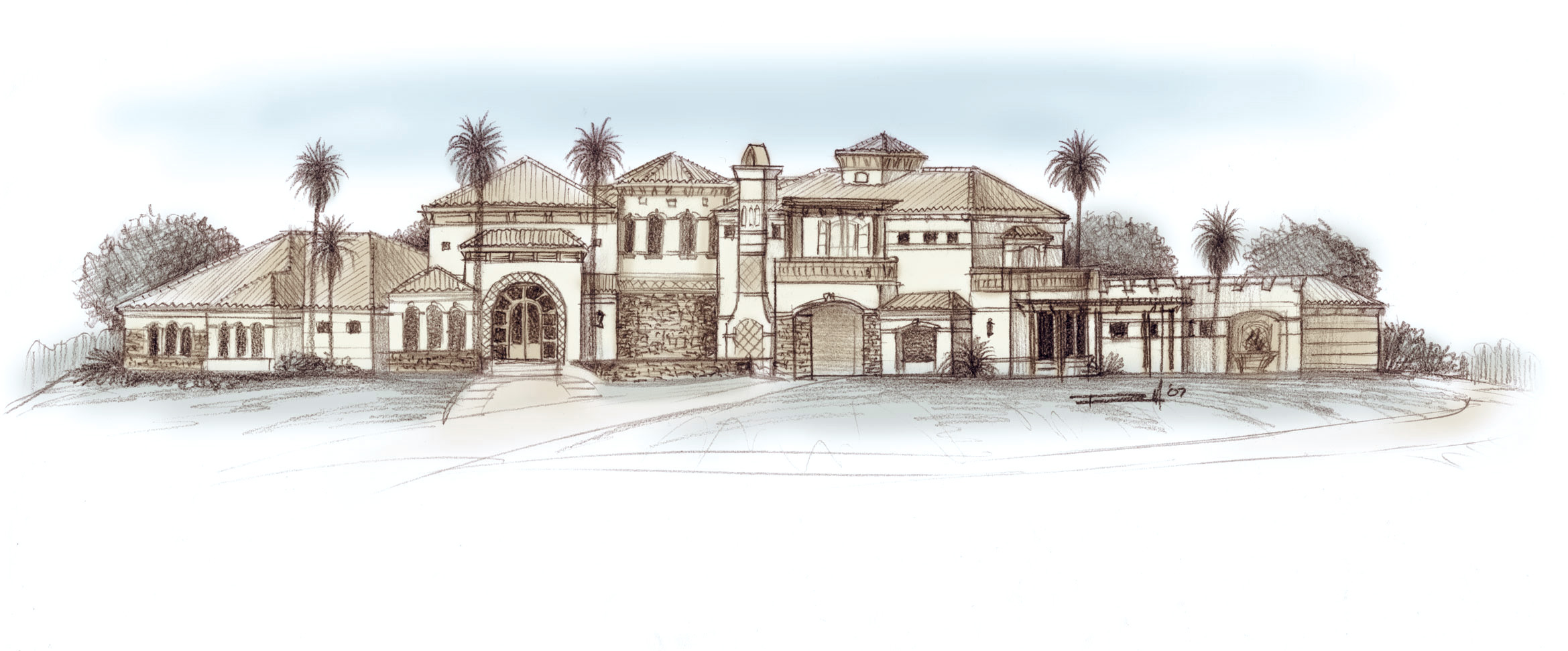 This is the preliminary sketch of the south elevation to a residence I designed.  The house is going in the San Diego area.
