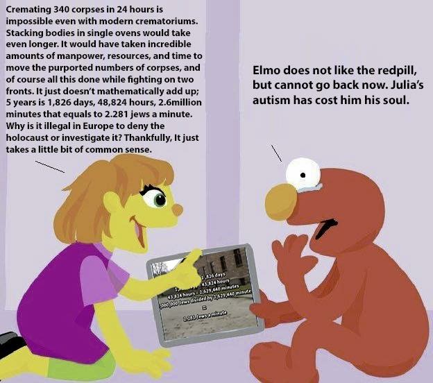 memes - elmo doesn t like the red pill - Cremating 340 corpses in 24 hours is impossible even with modern crematoriums. Stacking bodies in single ovens would take even longer. It would have taken incredible amounts of manpower, resources, and time to move
