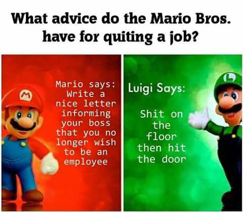 memes - mario bros views - What advice do the Mario Bros. have for quiting a job? Luigi Says Mario says Write a nice letter informing your boss that you no longer wish to be an employee Shit on the floor then hit the door