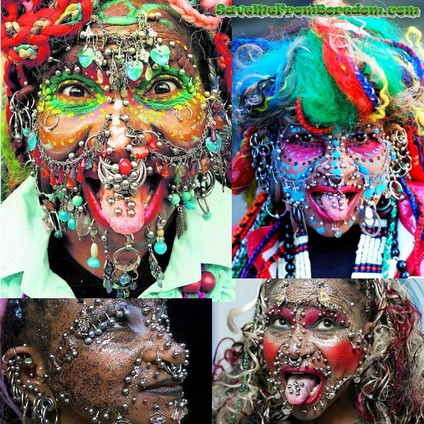 When examined by a Guinness World Record official in May 2000, Davidson had 462 piercings, with 192 in her face alone. By August 9, 2001 when she was re-examined she was found to have 720 piercings. Performing at the Edinburgh Festival in 2005, the Guardian reported that she now had 3,950 body piercings. She has more piercings in her genitalia than