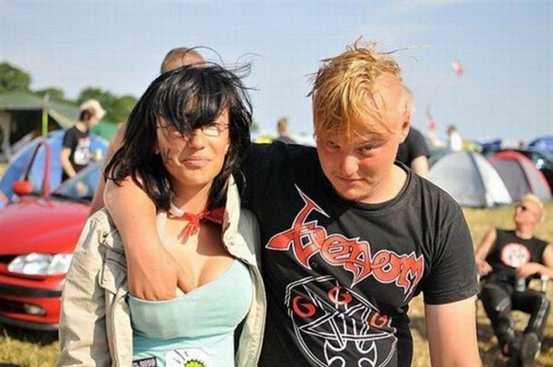 Mom with her son at a heavy metal concert.