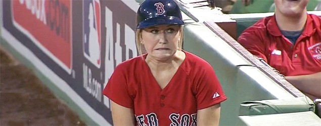 Red Sox ball girl's expression tells it all after fielding a fair ball awarding an automatic double for opposition's hitter.