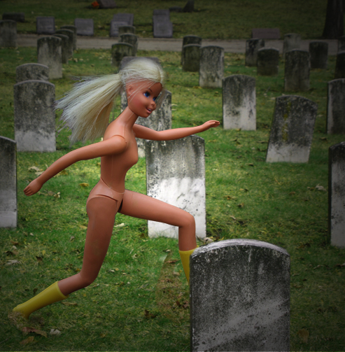 barbie running through a cemetery