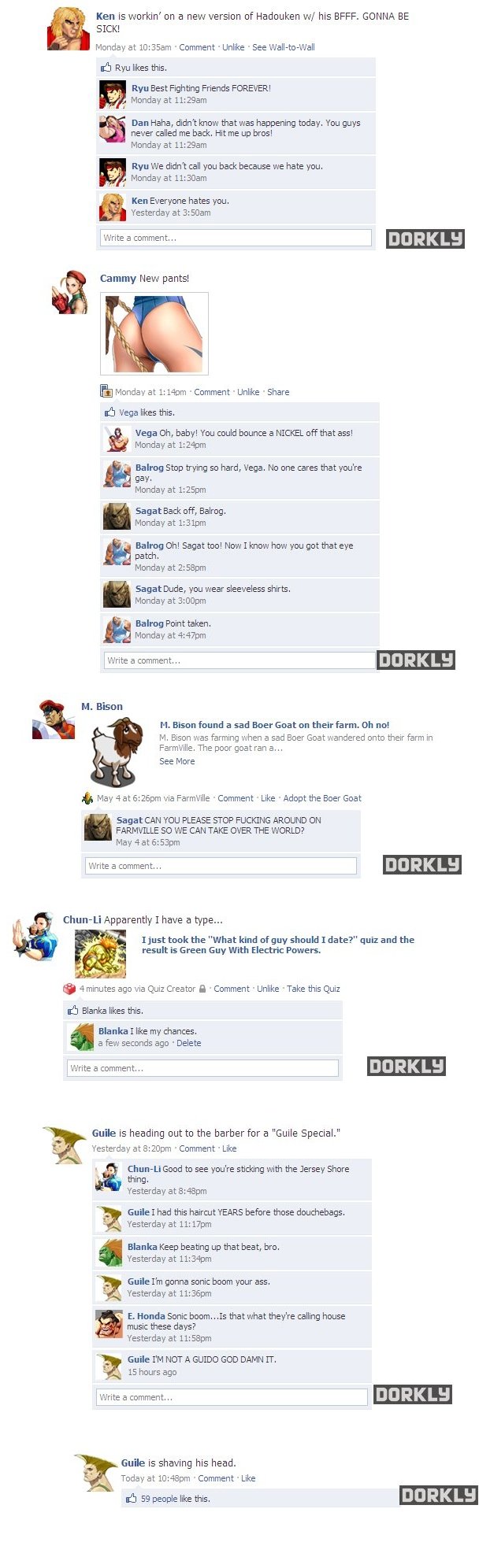 Facebook comments from Street Fighter characters.