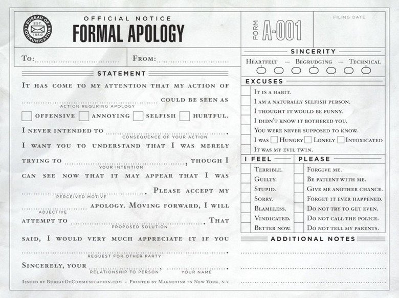 formal apology - Official Notice Filing Date Formal Apology Orm To From... Statement It Has Come To My Attention That My Action Of ..... Could Be Seen As Action Requring Apology Offensive Annoying Selfishhurtful. I Never Intended To. Consequence Of Your A