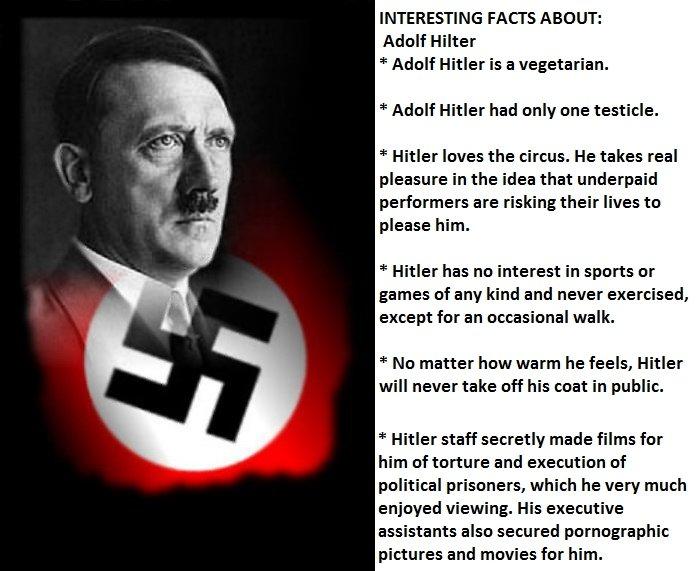Interesting Facts About Adolf Hilter # Adolf Hitler is a vegetarian. Adolf Hitler had only one testicle. Hitler loves the circus. He takes real pleasure in the idea that underpaid performers are risking their lives to please him. Hitler has no interest in