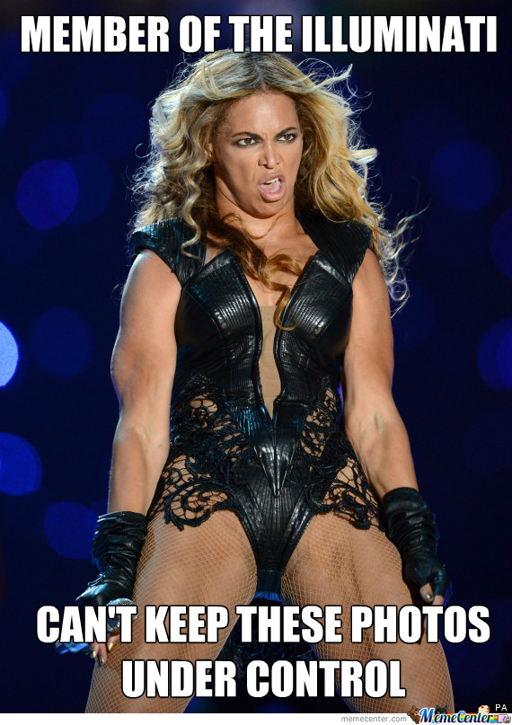 Meme of Unflattering Beyonce, debunking her membership to the illuminati.