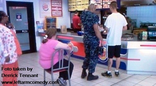 Wow, how bad do you have it, if you have to use a chair to rest while standing in a fast food line?  Damn!  Correction on this photo Derrick Tennant did not take this photo... just part of the humor for those who know Comedian, Derrick Tennant  www.leftarmcomedy.com  

Cheers!