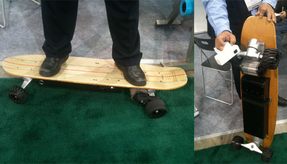 No, those aren't my feet. But I did get to ride this zippy remote-controlled skateboard. While it was being controlled by the inventor. Who was gunning it toward a large crowd of CES attendees. Fortunately, no geeks were harmed in the incident.