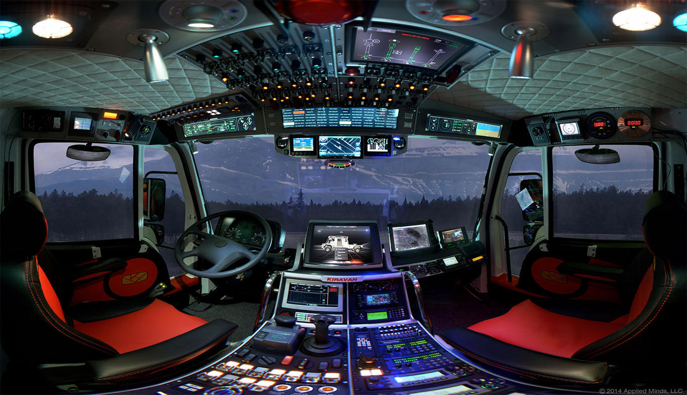 The cockpit of the truck looks like something out of a sci-fi movie.