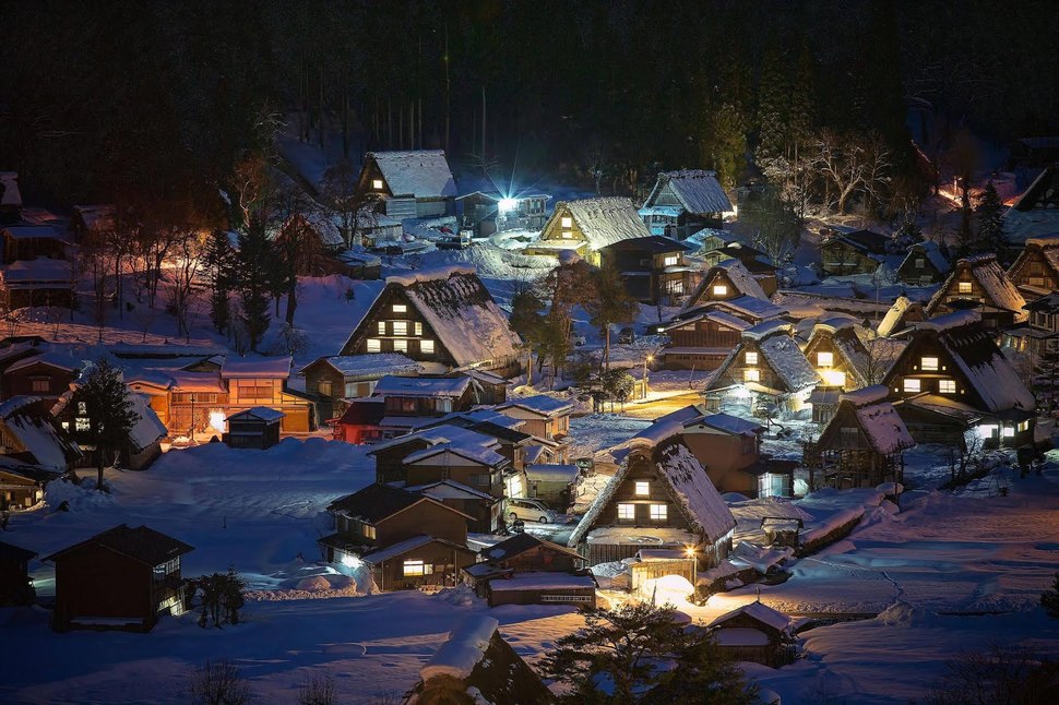 snowy night village