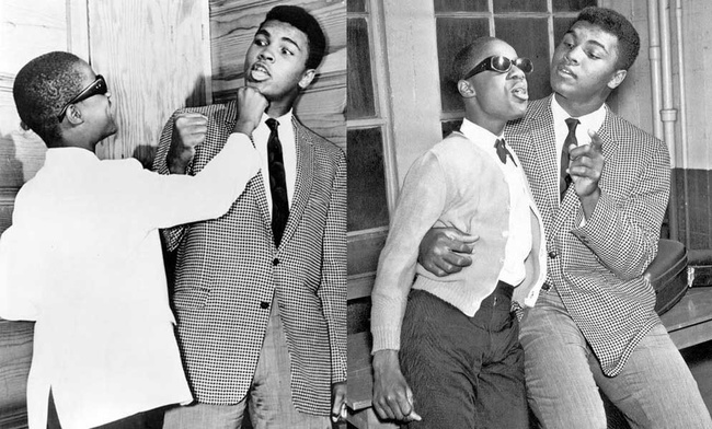 Stevie Wonder, 13, messing around with Muhammad Ali, 21. [1963]