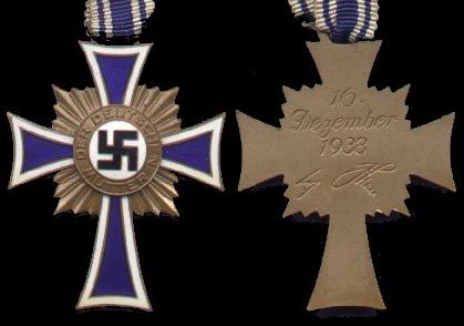Here is a great Nazi artifact that shows how Adolf Hitler used religion.
The Mother's Cross Mutterkreuz was a Christian cross given to German mothers. Mothers with large families were given gold crosses. Mothers with smaller families were given silver ones. Hitler did everything he could to encourage good Germans to have lots of kids and by using 