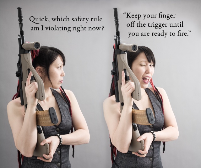 One of the most important gun safety rules is to never have your finger on the trigger until you are ready to shoot! Bad accidents only happen when gun safety is ignored.
Poster from A-HUMAN-RIGHT.com