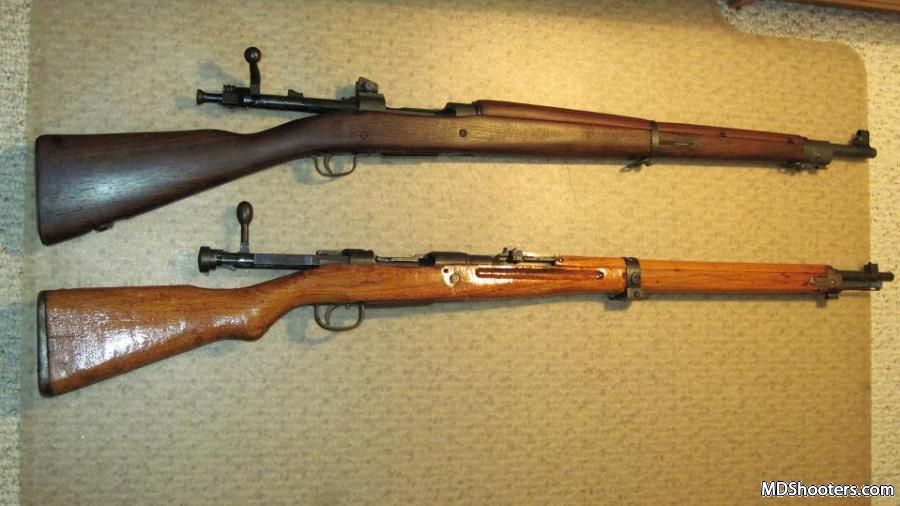 On top is a 30-06 caliber US model 1903A3 made by Remington and the bottom rifle is a 7.7x58mm Japanese Arisaka Type 99 made at the Nagoya Arsenal. Both are all original made in 1943 and accurate over 500 yards.