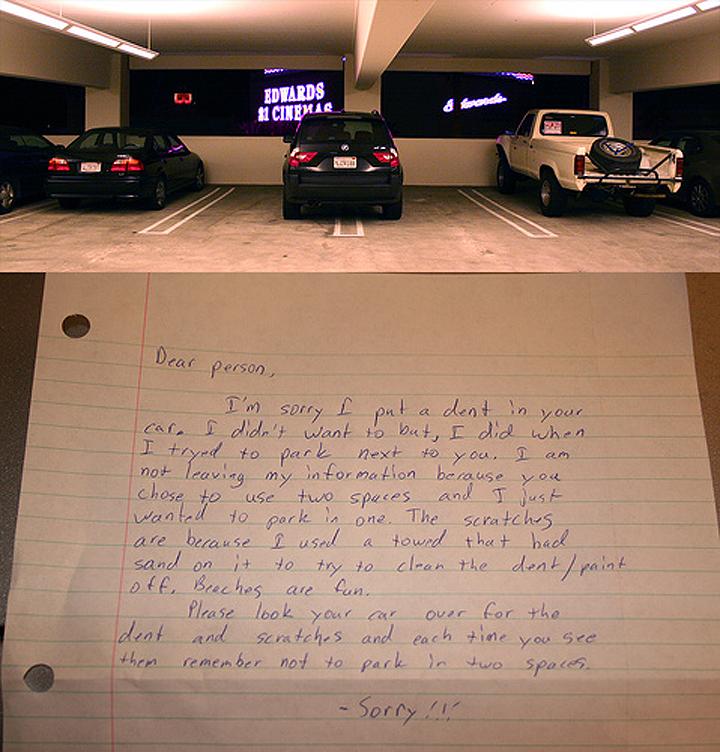 Guy leaves a not after 'accidentally' denting someone's car in a parking lot. He doesn't seem too apologetic