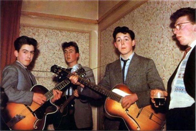 The Beatles in 1957. George Harrison is 14, John Lennon is 16 and Paul McCartney is 15.