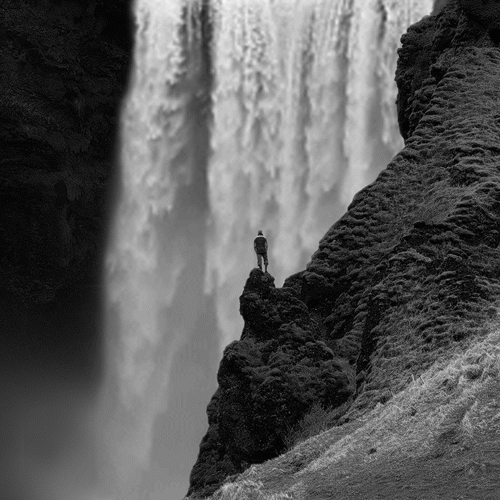 gifs - man standing near a waterfall