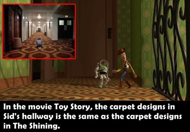 In the movie toy story, the carpet designs in Sid's hallway is the same as the carpet designs in the shining