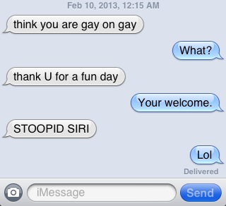 funny text messages conversations - , think you are gay on gay What? thank U for a fun day Your welcome. Stoopid Siri Lol Delivered O iMessage Send