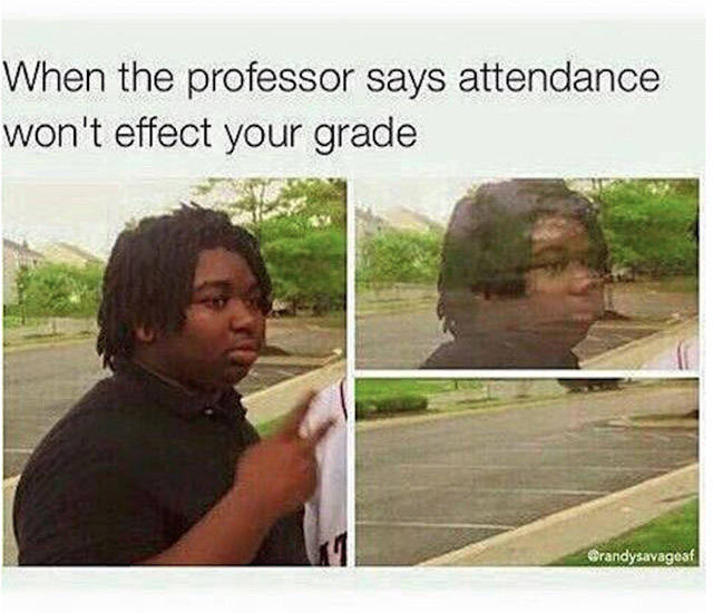 she says she doesn t like memes - When the professor says attendance won't effect your grade Brandysavagesf